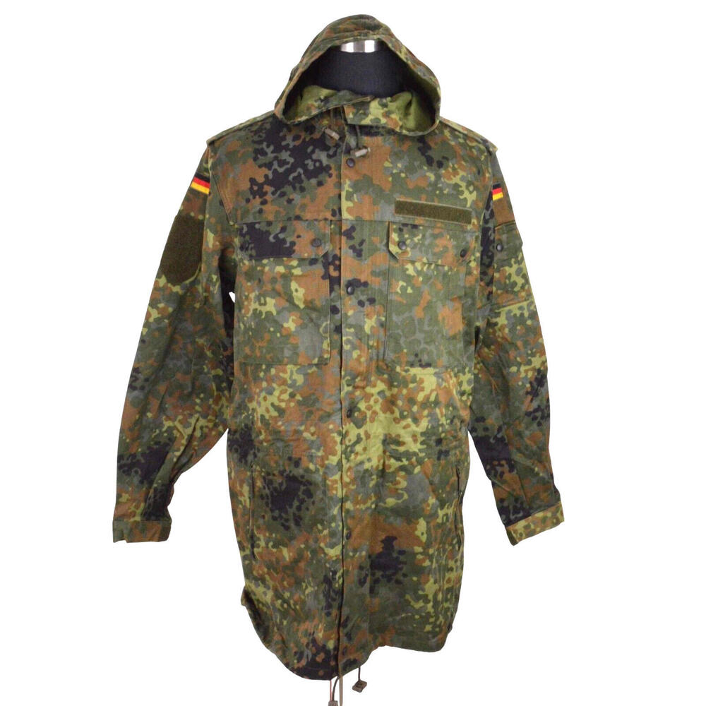 German Bundeswehr Flecktarn Camo Military Parka Jacket GR12 L Tall Hood Woodland